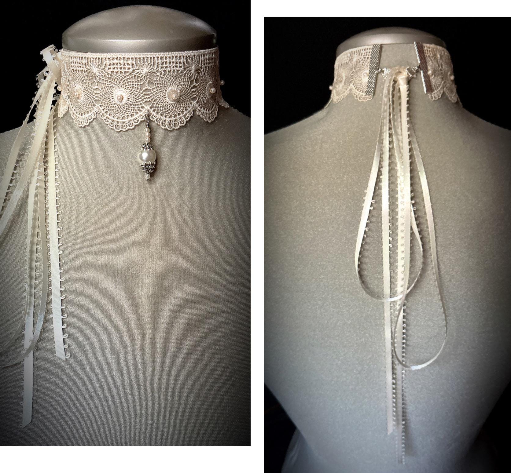 Ivory lace choker, pearl necklace, bridal jewelry, romantic,…