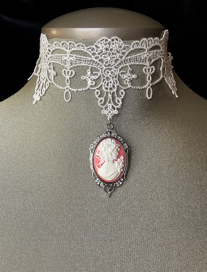 Bridal Lace Choker, Lace Choker, White Lace Choker, Pink Cameo Choker ...