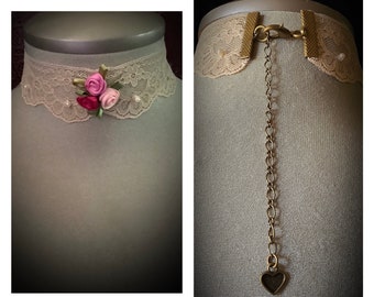 Lace choker necklace, pearl and rose choker, bridal jewelry, prom accessories, wedding choker, lace bridal choker, prom rose jewelry, teen