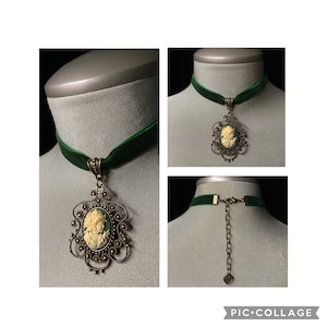 Wedding chokers, green velvet choker, Victorian jewelry, vintage wedding jewelry, lady cameo necklace, Christmas gift for her, antique cameo