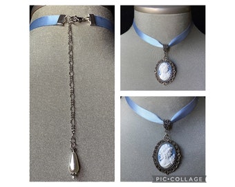 Something blue, blue cameo, cameo choker, vintage cameo, wedding choker, blue ribbon choker, bridal cameo, adjustable, Victorian jewelry