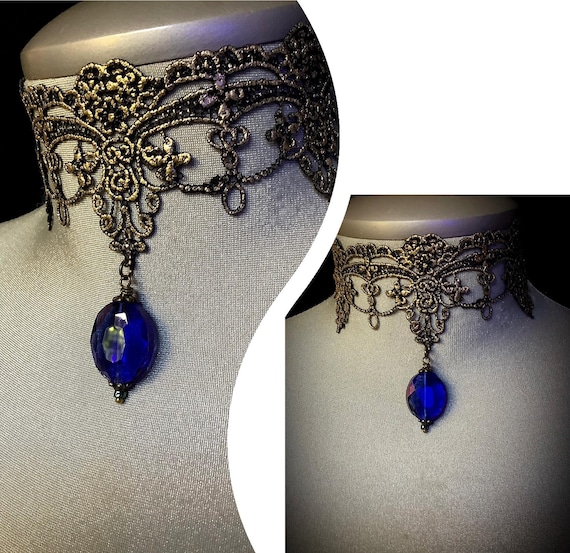 Blue sapphire choker, bridal jewelry, antique gold necklace, adjustable choker, vintage jewelry, Victorian inspired, elegant, romantic,