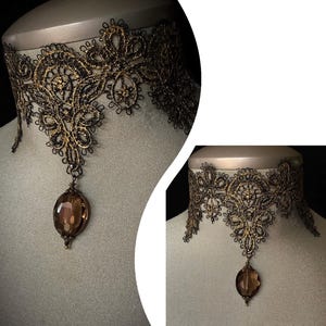 Gold lace choker, antique lace choker, Victorian lace jewelry, bridal choker, vintage jewelry, Christmas gift, for her, taupe crystal choker