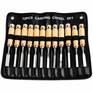 May include: A 12-piece carving chisel set featuring tools with light-coloured wooden handles, black rubberised grips, and silver metal ferrules. The tools are organised in a black roll-up storage case with the text 12PCS CARVING CHISEL SET.