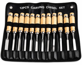 Juego de 12 cinceles para tallar madera, gubias de acero de alto carbono, herramientas para trabajar la madera con mangos de madera.