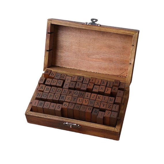 70PCS Vintage Alphabet Rubber Stamp Set – Wood Box Letters, Numbers, Punctuation – DIY Crafting Kit for Scrapbooking & Journals