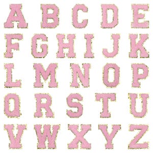 52PCS Pink Chenille Letter Patches A-Z Fuzzy Varsity Alphabet Iron On Sew On Appliques for Bags Jackets Hats DIY Crafts