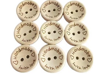 200 botones de madera natural de 20 mm, redondos, grabados con láser, con la frase "Con amor" para manualidades, costura, álbumes de recortes y bodas. Suministro al por mayor.