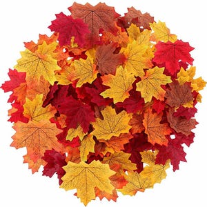May include: A collection of artificial maple leaves in autumnal hues of red, orange, and yellow. The leaves display intricate veining and are densely arranged, creating a vibrant, seasonal display.