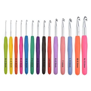 May include: Set of 14 crochet hooks with colourful plastic handles and silver metal hooks. The hooks are labelled with their size in millimetres, ranging from 2.0mm to 10.0mm.