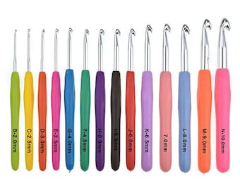 May include: Set of 14 crochet hooks with colourful plastic handles and silver metal hooks. The hooks are labelled with their size in millimetres, ranging from 2.0mm to 10.0mm.
