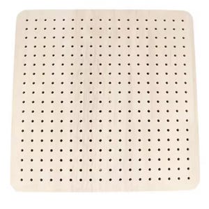 May include: A light wood pegboard with a grid of evenly spaced holes. The pegboard is a square shape and has a smooth, light wood finish.