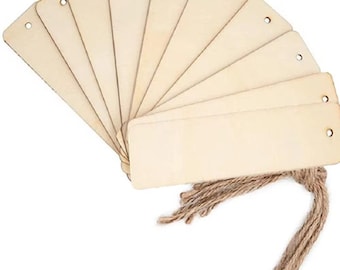 40 marcadores de madera en blanco para manualidades, decoración, etiquetas colgantes rectangulares finas de 12 x 3,2 cm con cuerdas para colgar.