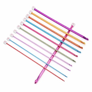May include: A set of brightly coloured crochet hooks. The hooks are made of metal and come in a variety of colours, including red, pink, purple, blue, green, and orange. Each hook has a white handle with size markings.