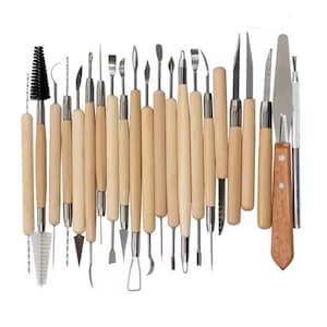 May include: A selection of pottery tools with wooden handles and metal tips. The tools include various shapes and sizes, such as loop tools, ribbon tools, and knives. The handles are light brown, and the metal parts are silver.