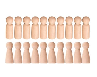 20 piezas de muñecos de madera sin pintar, en blanco, para manualidades, para hombres y mujeres, de madera sin terminar, de tamaño pequeño, lisos, 6,4 cm/5,9 cm.