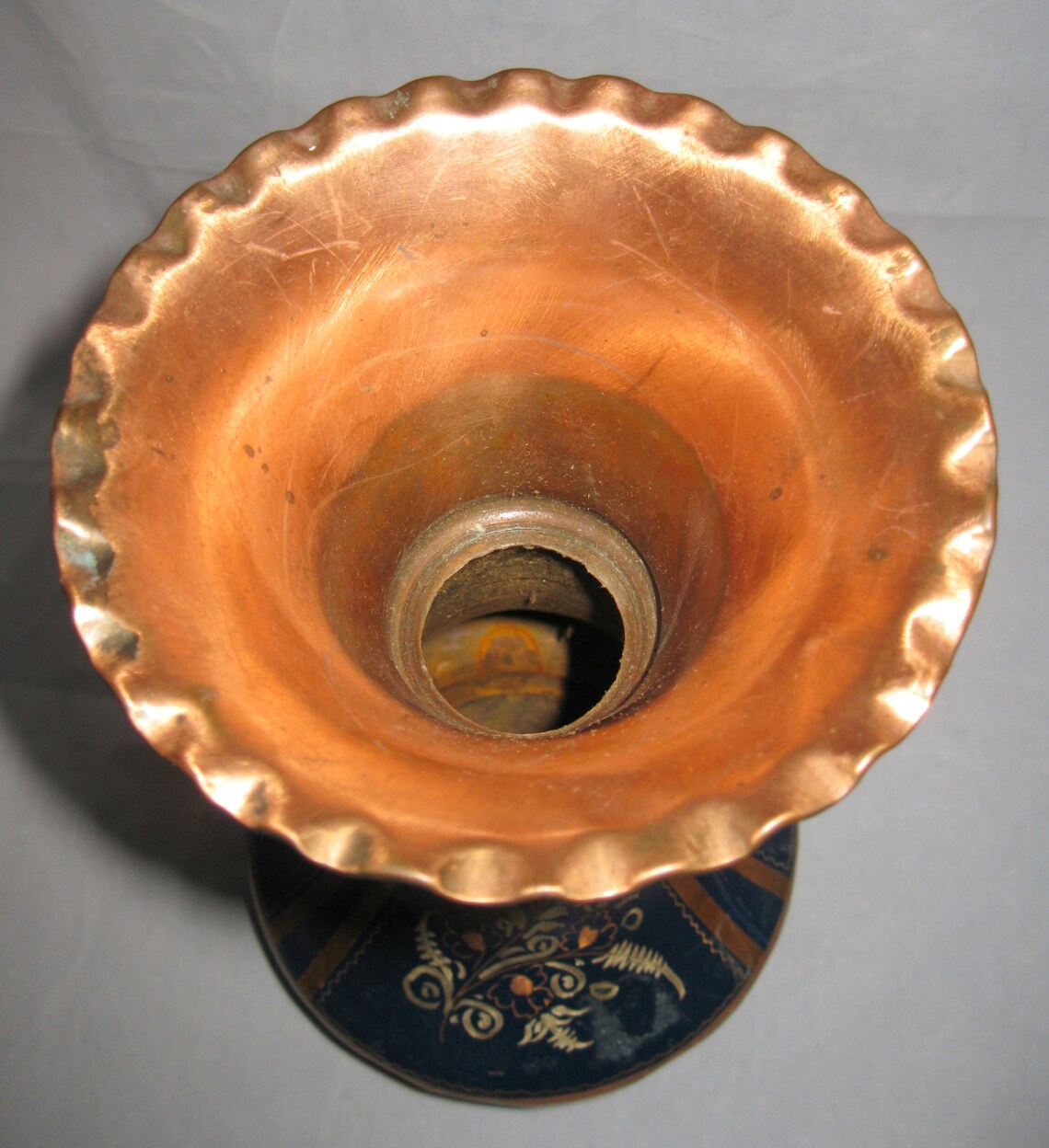 Vintage Copper Vase With Floral Design Hand Decorated Through Blue