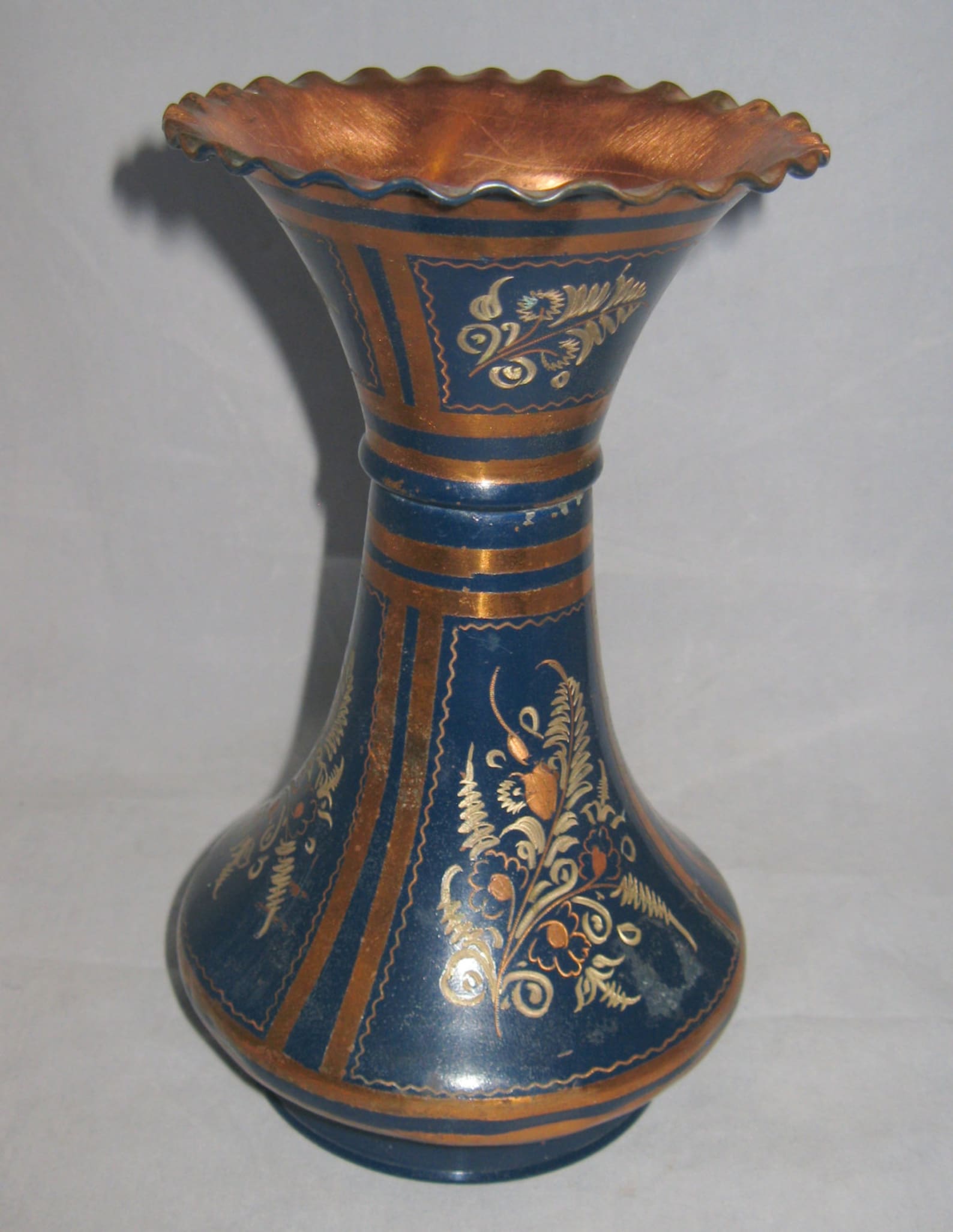 Vintage Copper Vase With Floral Design Hand Decorated Through Blue