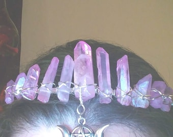 Raw Pink & Purple Crystal Quartz Point Wire-Wrapped Headband Raw Pink and Blue Angel Aura Quartz Point Healing Crystal  main image 3