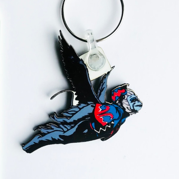 Flying Monkey keyring, pin badge and (new) large magnet. Can be Personalised.
