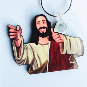 Buddy Christ keyring, pin badge and (new) large magnet. Can be Personalised.