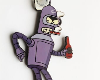 Bender - Porte-clés Futurama, badge et (nouveau) grand aimant. Peut être personnalisé.