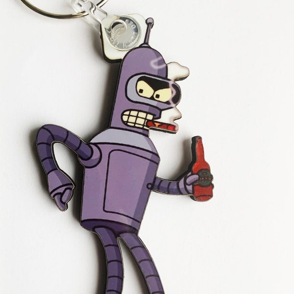 Bender - Futurama keyring, pin badge and (new) large magnet. Can be Personalised.