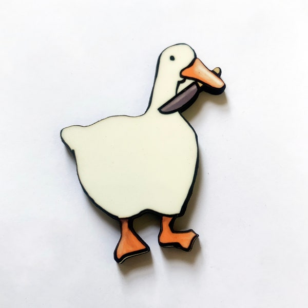 Goose With Knife Pin Badge, Fridge Magnet and Keychain- Option to Personalise- Handmade and Unique.