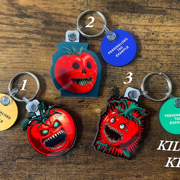 Killer Tomatoes Collection of Keyrings, Pins and Fridge Magnets - Handmade and can be personalised.