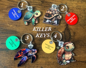 Tortoise/ Turtle Collection of Keyrings, Pins and Fridge Magnets - Handmade and can be personalised.