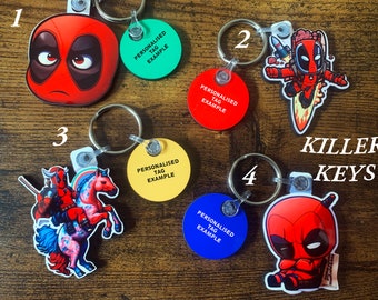 Deadpool Collection of Keyrings, Pins and Fridge Magnets - Handmade and can be personalised.