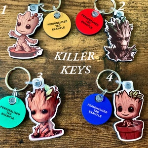 Groot Collection of Keyrings, Pins and Fridge Magnets - Handmade and can be personalised.