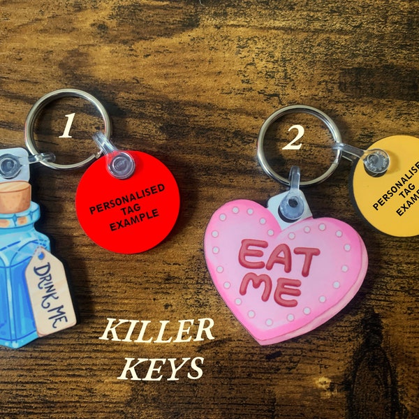 Alice Eat Me & Drink Me Collection of Keyrings, Pins and Fridge Magnets - Handmade and can be personalised.