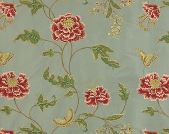 COLEFAX & FOWLER ORIENTAL Poppy Embroidered Floral Silk Fabric 10 Yards Aqua Shabby Pink Gold