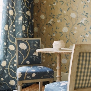 COLEFAX & FOWLER CHINOISERIE Japanese Snow Tree Floral Linen Fabric 10 Yards Blue Oyster Green Amber