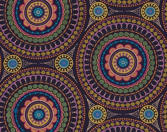 SCHUMACHER ETHNIC BOHO Suzani Medallions Embroidered Linen Fabric 3 Yards Navy Multi