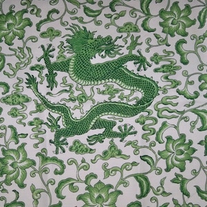 SCALAMANDRE CHINOISERIE CHIEN Dragon Linen Toile Fabric 5 Yards Jade Green