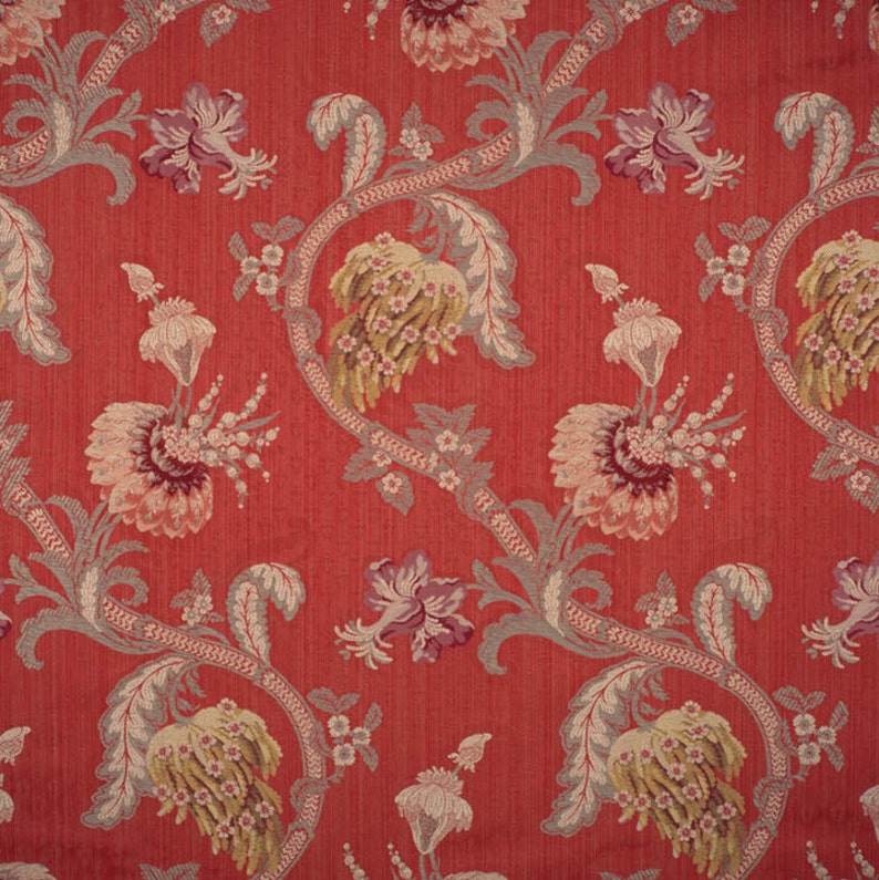 SCALAMANDRE ROCAILLE Floral Silk Fabric 3 Yards Multi on Red image 1