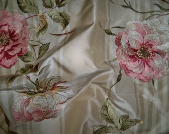 COLEFAX & FOWLER Embroidered Shabby Roses Silk Stripes Fabric 10 Yards Beige Cream Pink Green Multi