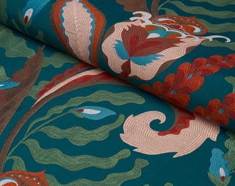 SCHUMACHER Captivating Woven Floral with Wonderful Scrolling Leaves and a Luxe Quilted Effect brocade Fabric 3 Yards Turquois Multi