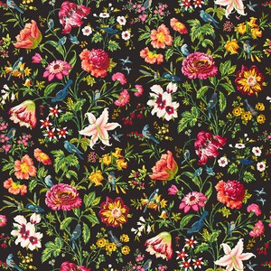 SCHUMACHER WILDFLOWERS & BIRDS Cotton Fabric 10 Yards Black Rose Multi