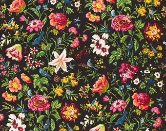 SCHUMACHER WILDFLOWERS & BIRDS Cotton Fabric 10 Yards Black Rose Multi