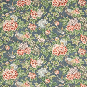 COLEFAX & FOWLER Lovely Birds Floral Linen Print Fabric 10 Yards Navy Green Multi