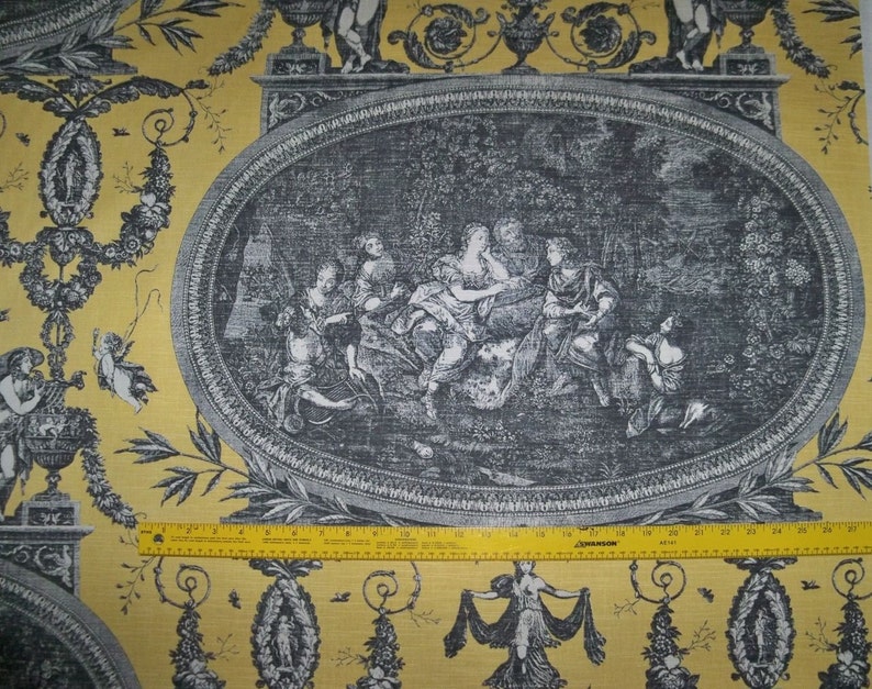 DESIGNER NEOCLASSICAL ROUSSEAU French Toile Fabric 3.5 Yards Yellow Black White