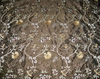 SCALAMANDRE OLD WORLD Weavers Mitali Embroidered Silk Fabric 10 Yards Brown Gold Green Opal