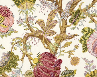 SCHUMACHER INDIAN ARBRE Jacobean Linen Fabric 10 yards Spring Green Rose Multi