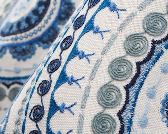 SCHUMACHER ETHNIC BOHO Suzani Medallions Embroidered Linen Fabric 3 Yards Blues Multi