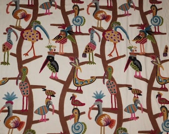 Tela Clarence House Signature Whimsical Polly Birds Crewel Toile, 3 yardas, color crema multicolor