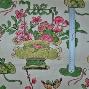 SCALAMANDRE CHINOISERIE SHANGHAI Blossoms Baskets Butterflies Toile Fabric 10 Yards Spring Green Pink