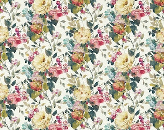 CLARKE & CLARKE Shabby Roses Scrolls Linen Fabric 10 Yards Multi